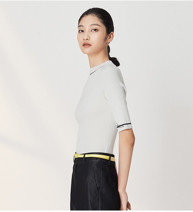 eachway艺之卉针织上衣女2022年夏新品圆领短袖小个子百搭米白m