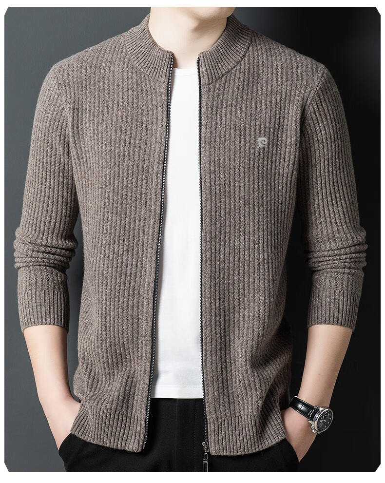 皮尔卡丹纯羊绒衫男开衫冬季新品男士立领纯色百搭提花时尚山羊绒开衫