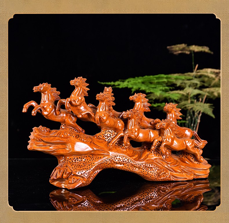 弘才实木雕刻八骏马摆件花梨木雕八骏雄风乔迁开业晋升送客户商务礼品