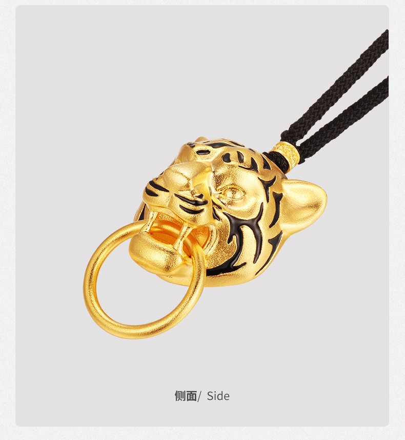 中国黄金黄金吊坠古法足金虎头辅首吊坠平安守护生肖黑绳送老公老婆
