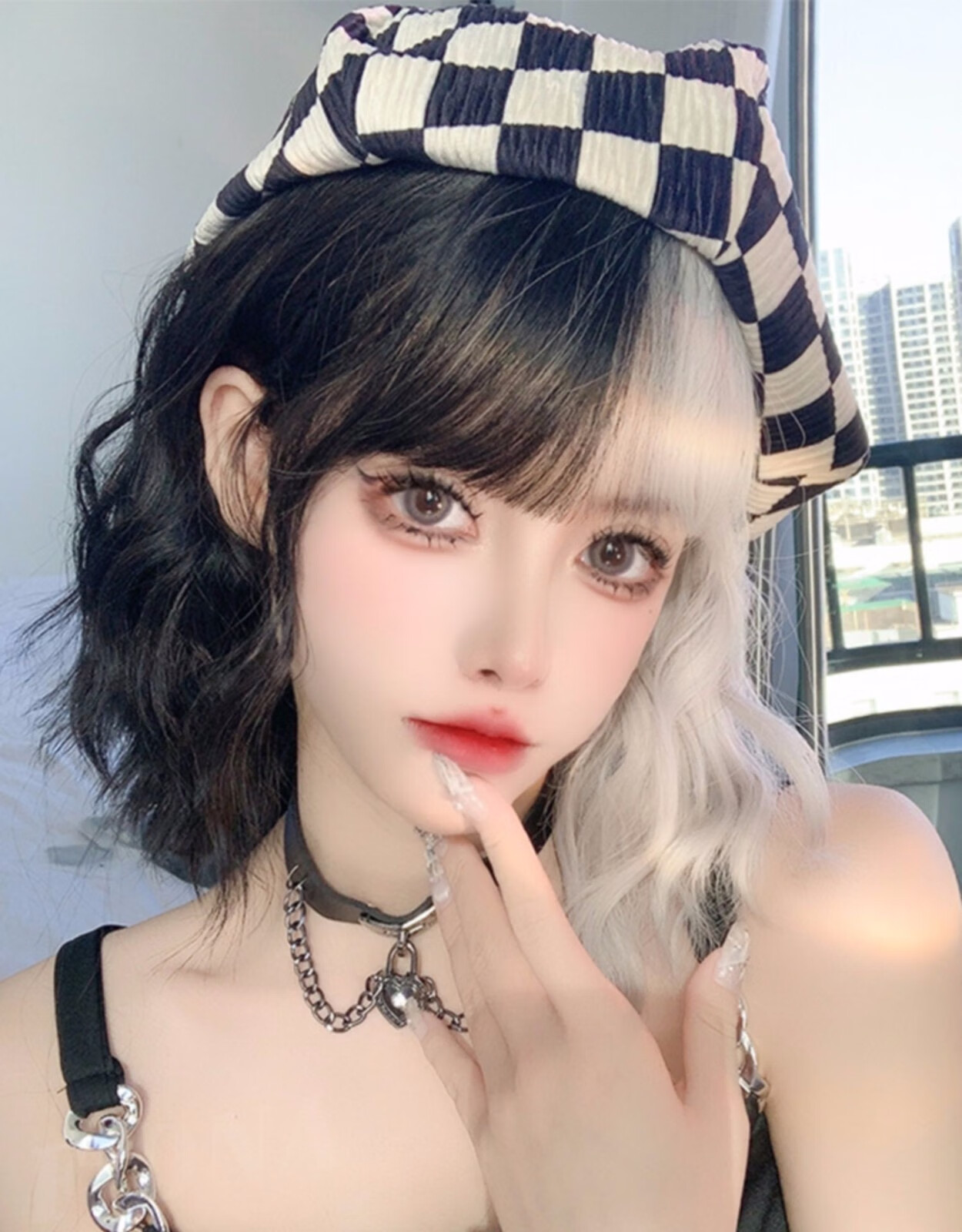 假发短发女黑白双拼魔女库伊拉同款cos阴阳头万圣节假发全头套式黑白