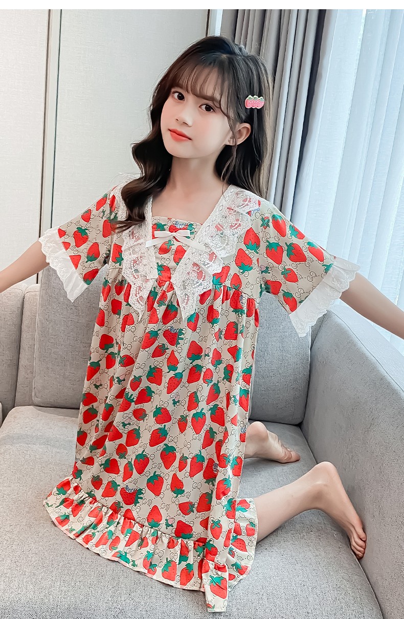 女童睡裙夏款冰丝2022公主风儿童睡衣女孩大童夏季短袖薄款家居服黑