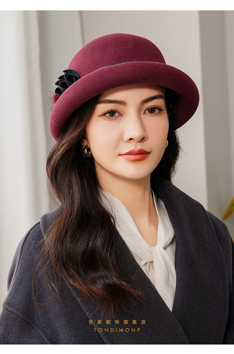 登戴品牌礼帽女秋冬新款英伦羊毛呢帽卷边复古圆顶定型帽贴皮毡帽