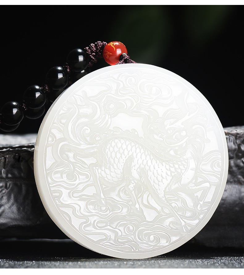 汉峰 和田玉羊脂白玉麒麟玉牌吊坠男士圆形貔貅玉佩玉挂件玉石【图片