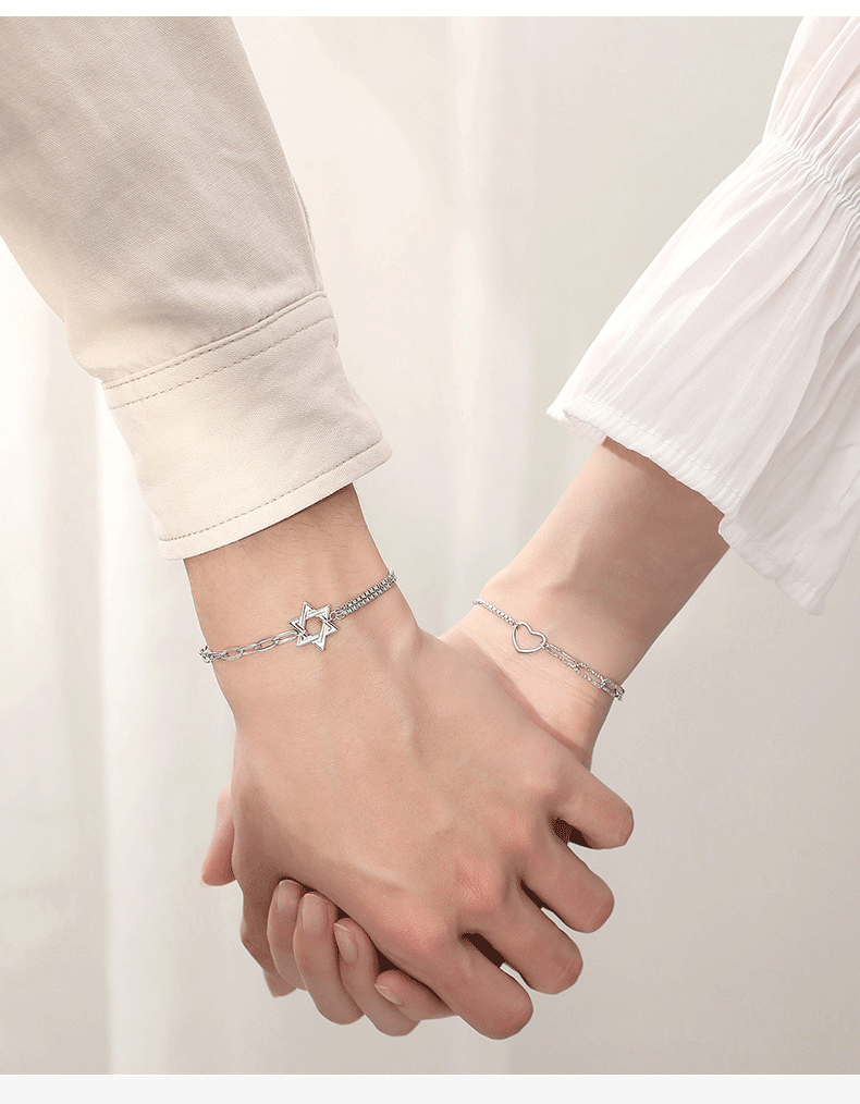 mini&yaya s925银情侣手链一对男女款可调节刻字六芒星心拼接双层手环