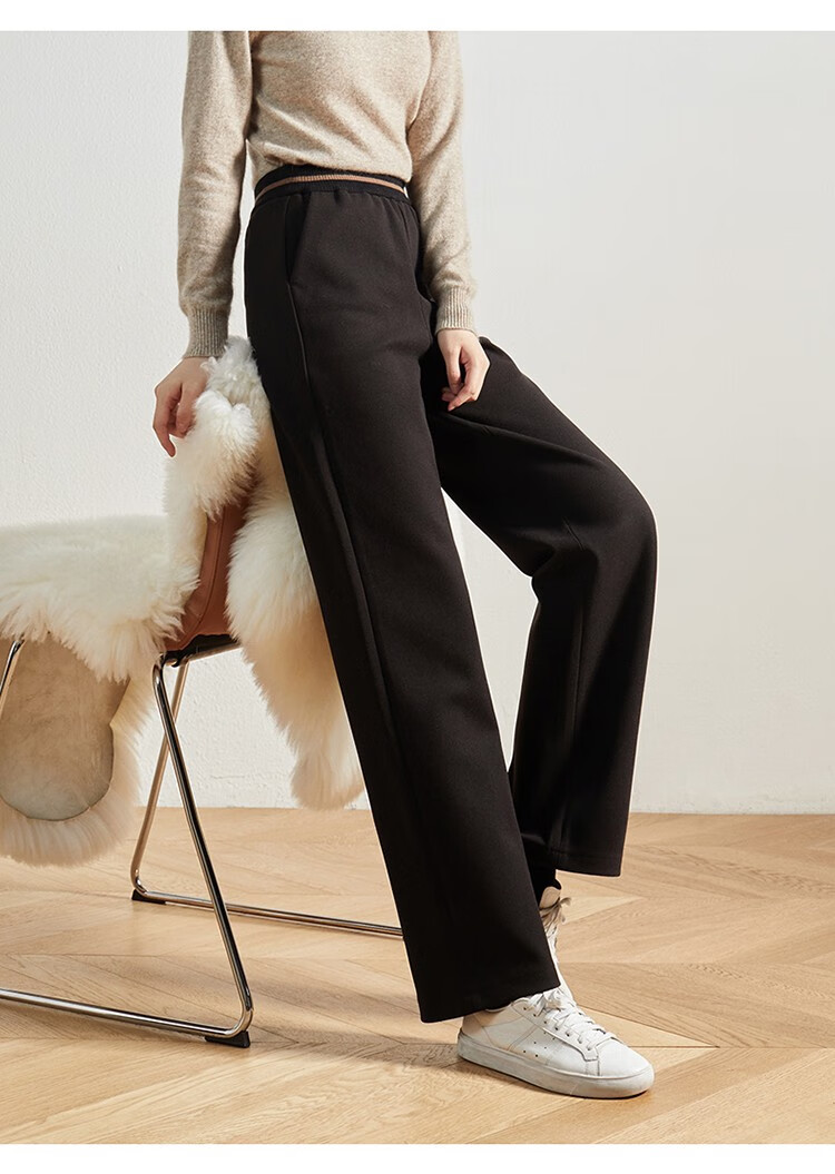 娅丽达女裤松紧高腰阔腿裤女仿毛呢裤子2021年秋冬新款米色直筒裤黑色