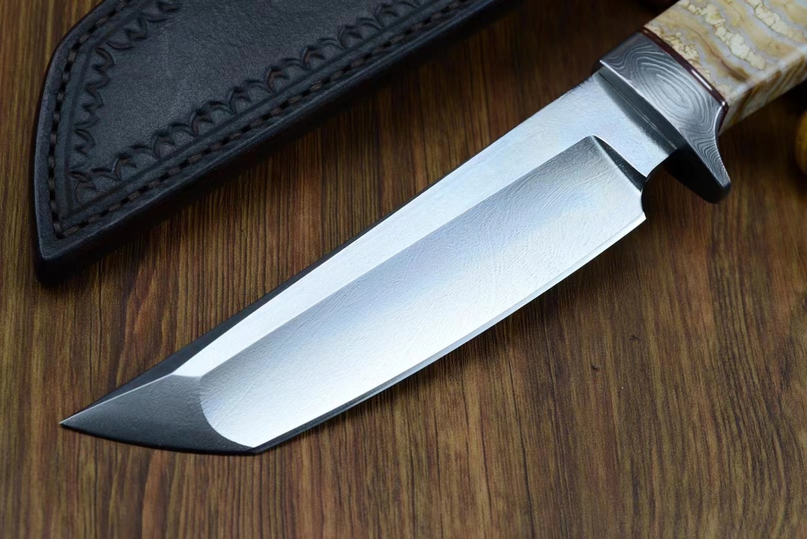 雨轩户外乌兹钢日式短刀古印度乌兹钢刀猛犸牙臼齿化石刀柄大马士革钢