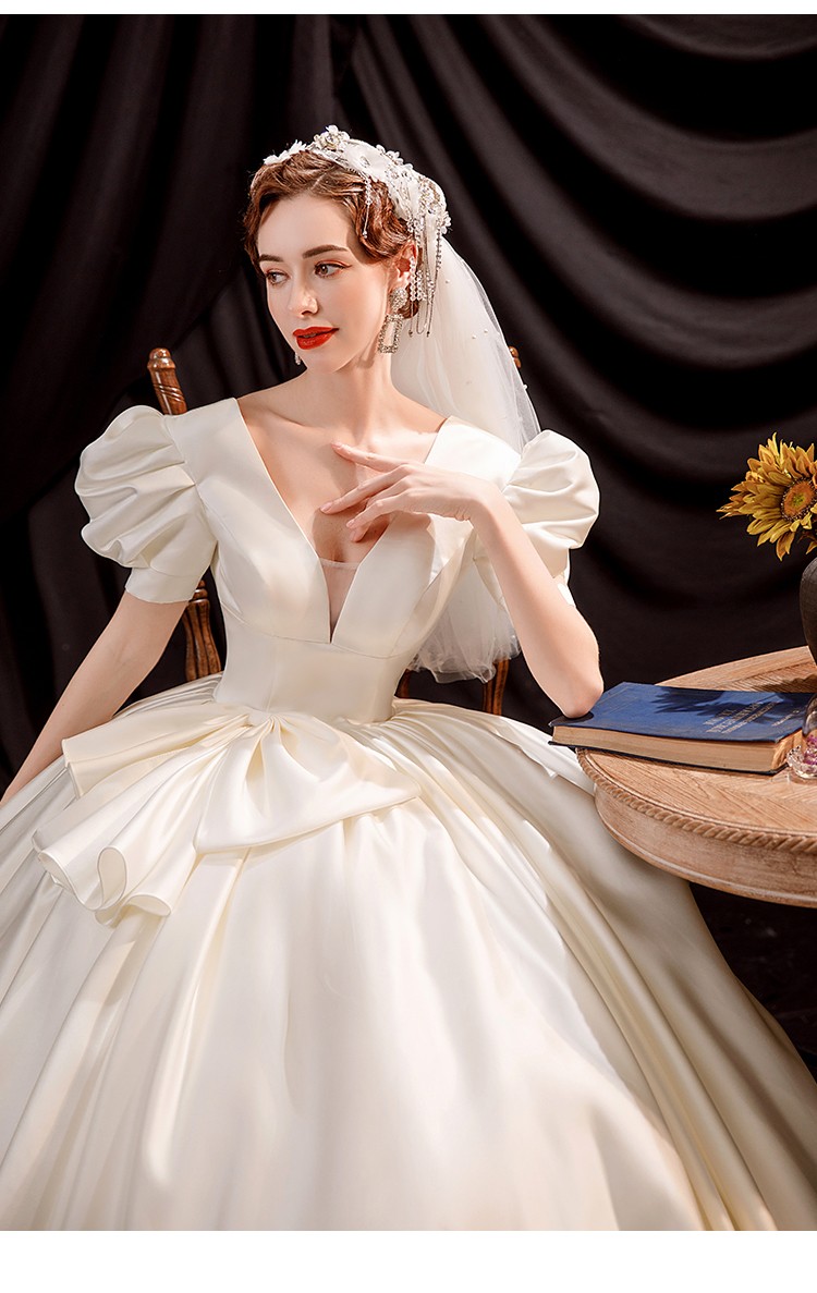 妲菲妮婚纱主纱高贵女王法式深v领泡泡袖新娘蓬蓬裙公主婚纱礼服深