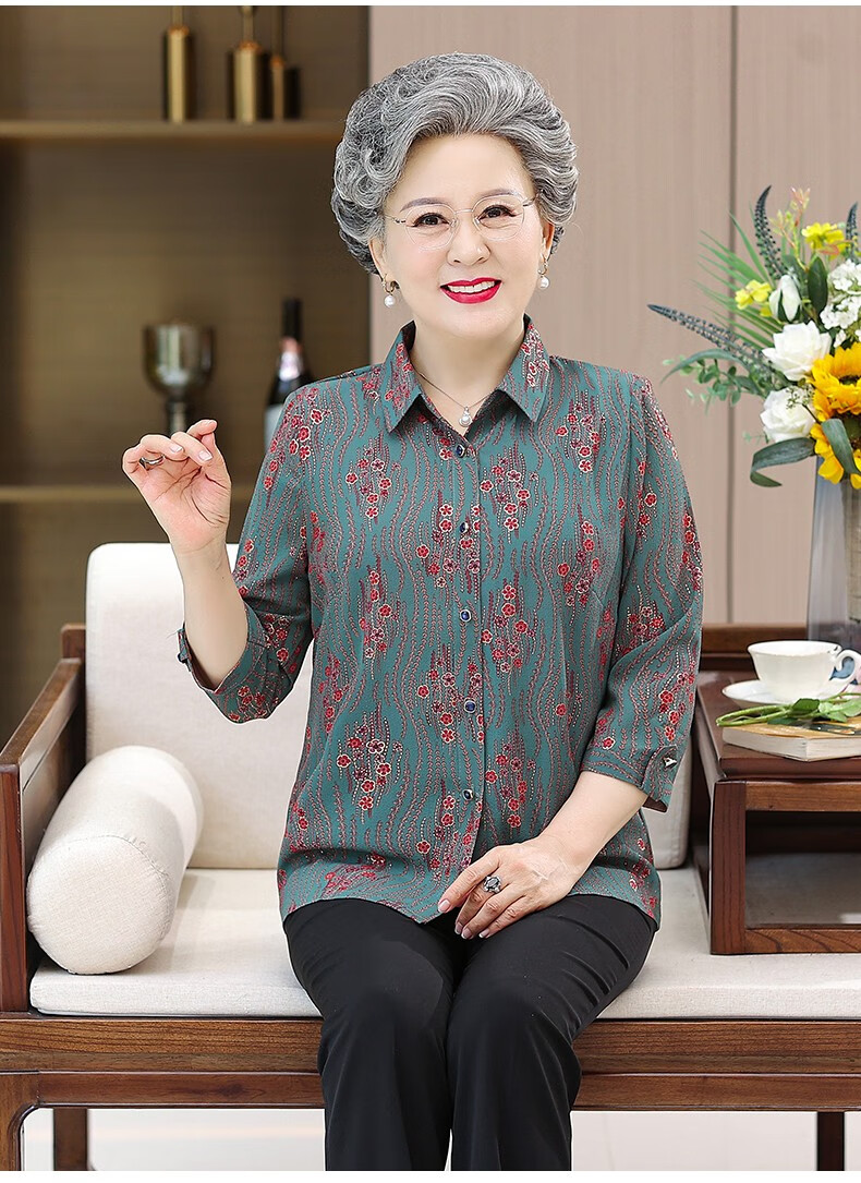 荨积中老年人夏装女妈妈衬衫60岁70老人衣服奶奶春秋七分袖衬衣薄款