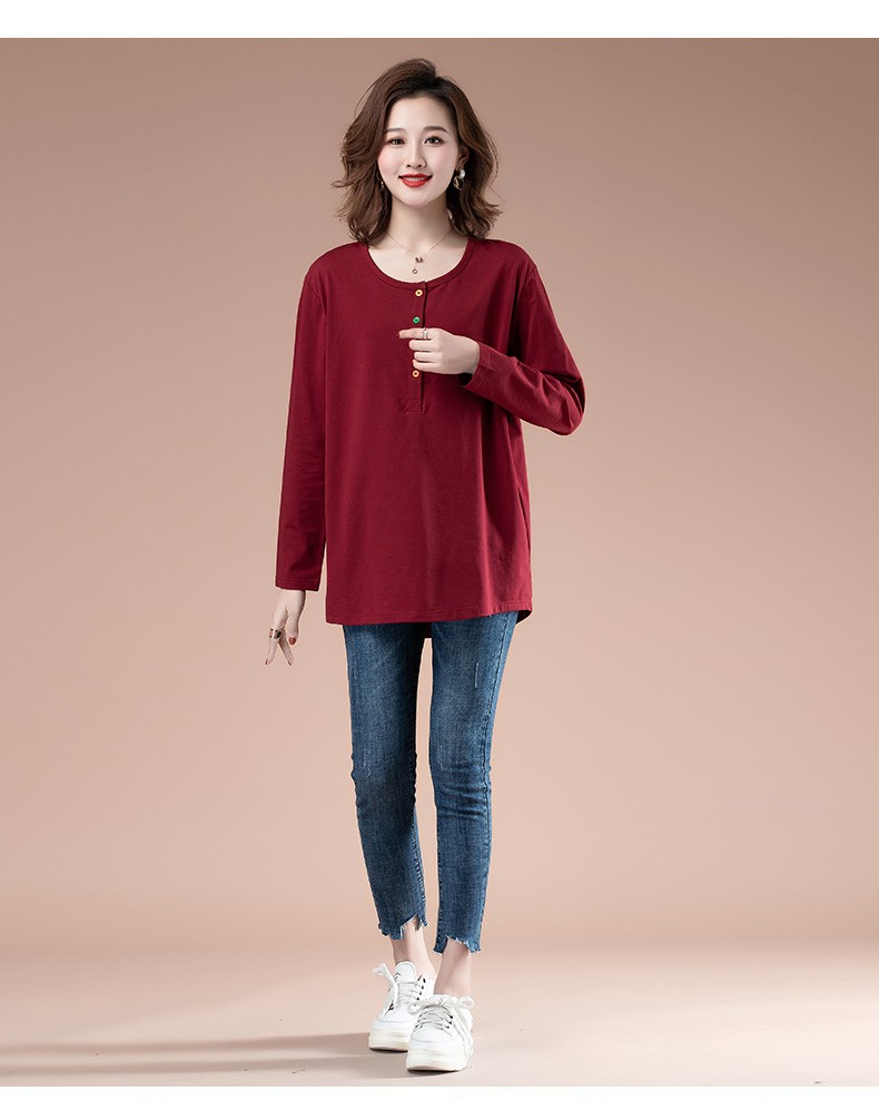 t恤女装宽松春秋装上衣体恤衫女士衣服韩版小衫棉优雅暗红色m95110斤
