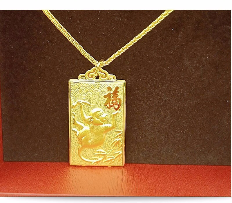 周玺金珠宝黄金吊坠男女款黄金金牌方牌生肖猴999足金按克生肖牌天赐