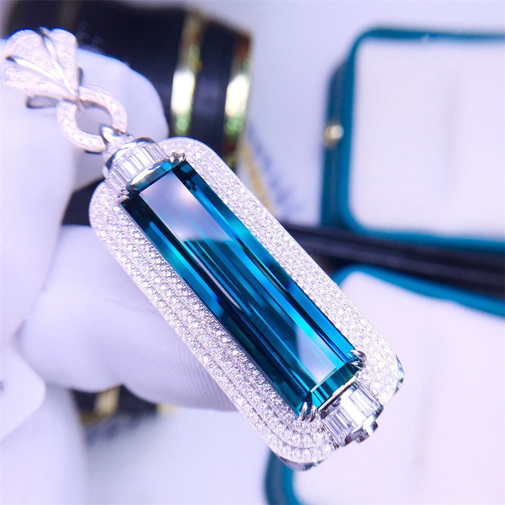 墨辰珠宝天然蓝碧玺吊坠彩色宝石18k金镶嵌裸石198克拉晶体通透附证书