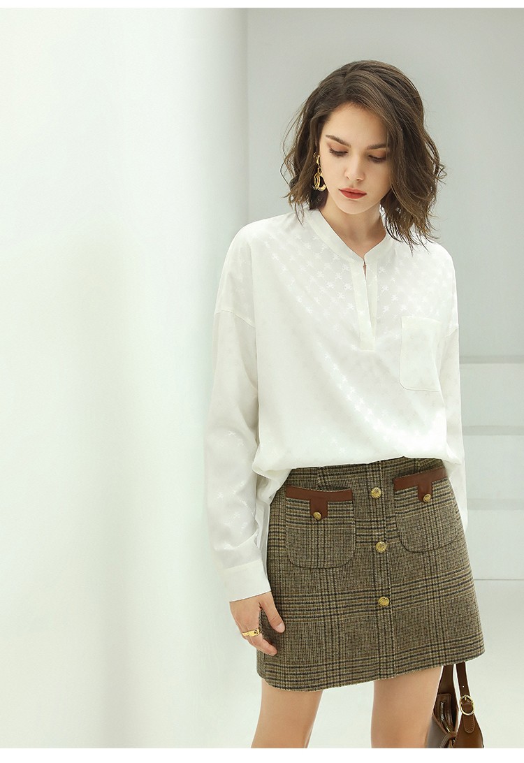 cocobella暗纹提花半开领白色衬衫女通勤ol纯色长袖衬衣sr48白色m