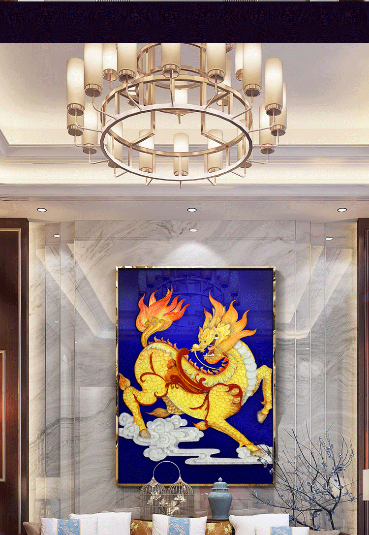 汉宫掐丝珐琅彩挂画客厅玄关装饰画新中式客厅麒麟画立体办公室茶室