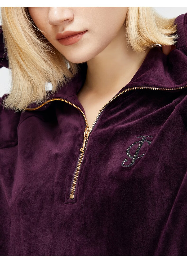 juicycouture橘滋2021年秋冬新款卫衣针织立领上衣休闲运动外套深紫色