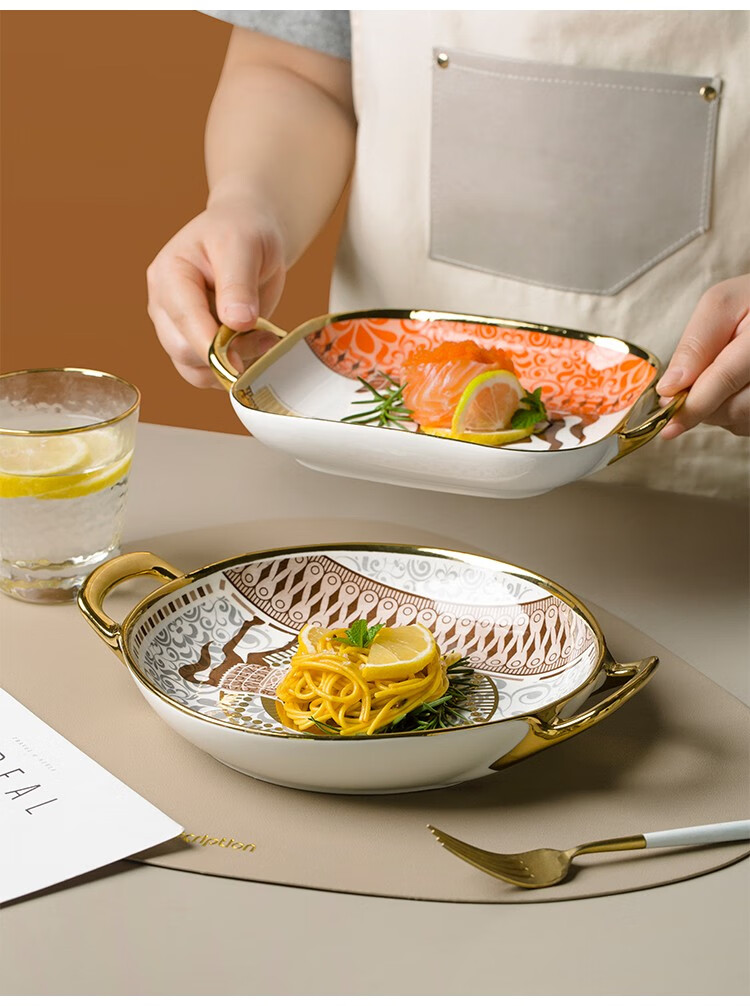 欧式轻奢双耳盘家用特色餐厅餐盘牛排盘意面盘水果点心盘子双耳方盘