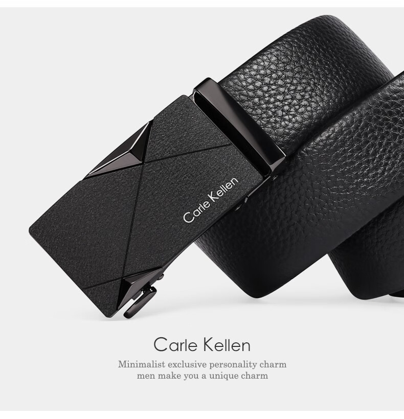 carlekellen男士皮带男真皮自动扣腰带纯牛皮裤带潮青年20006亚黑色