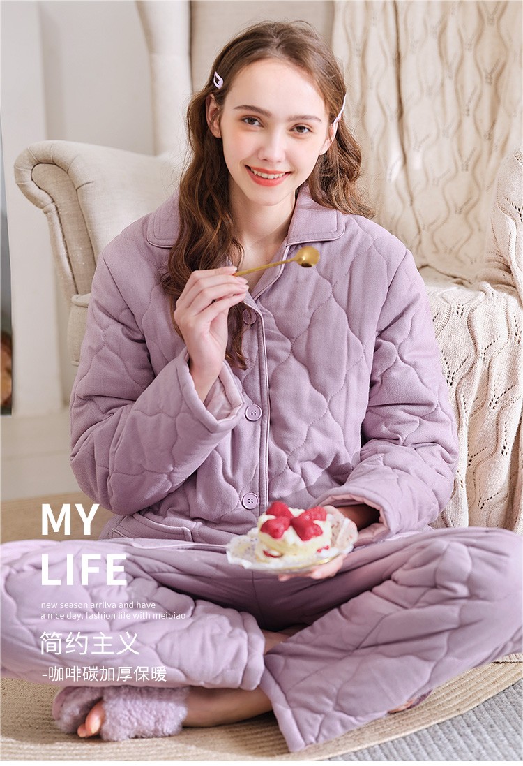 美标三层加厚保暖夹棉睡衣套装女秋冬全棉质休闲可外穿纯棉家居服鸢尾