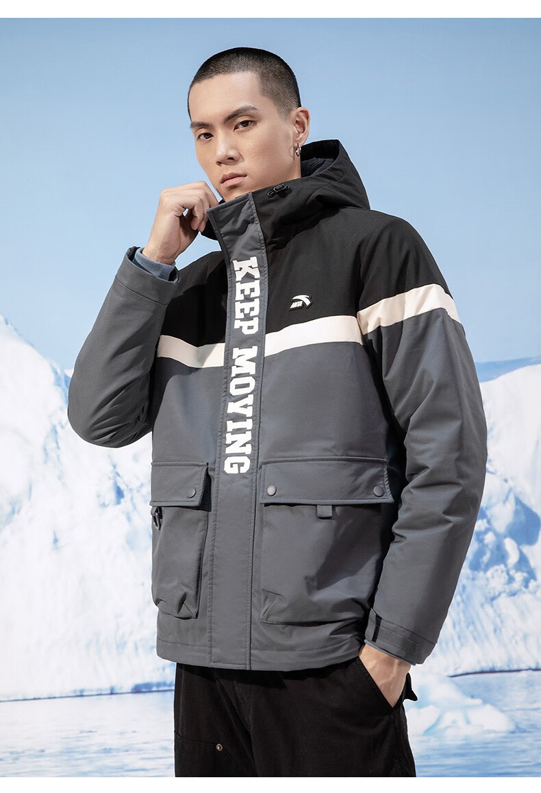 安踏男子棉服2021年秋冬新款防风保暖外套连帽开衫上衣1基础黑男装灰