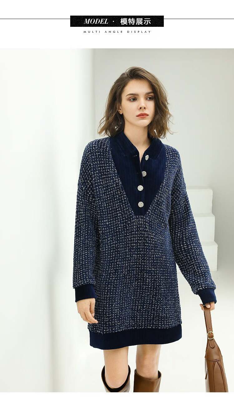 cocobella亮丝雪尼尔针织长袖连衣裙女冬通勤套头毛衣裙fr66藏青m