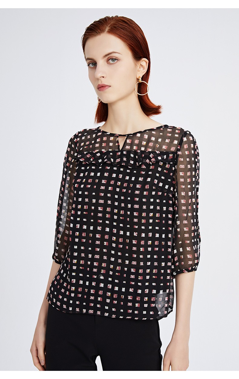 landi蓝地女装休闲圆领格纹小衫bluqn3180002020秋季新款花色xl