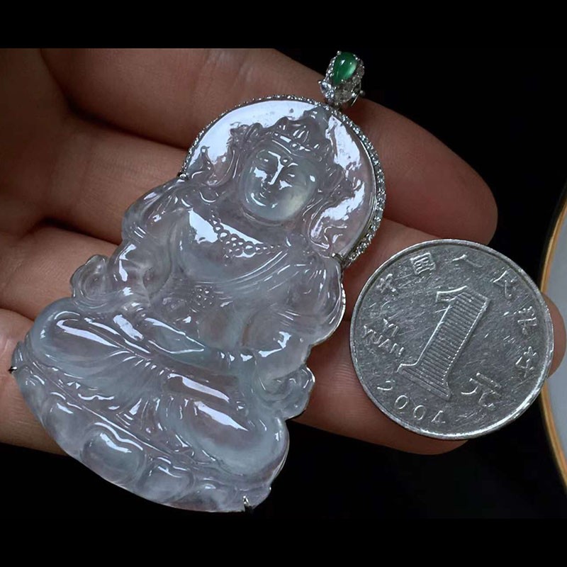 月亮阿姨翡翠高冰种大度母吊坠18k镶嵌缅甸a货翡翠男款送老公送爸爸送