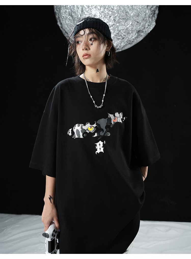 bjhg不计后果夏季255g重磅抽象艺术老虎印花短袖t恤男潮流宽松上衣