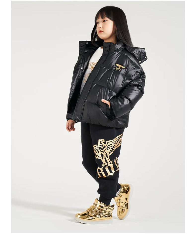 boylondon潮牌男女童装短款羽绒服保暖醒目logo老鹰烫金k28012 黑色