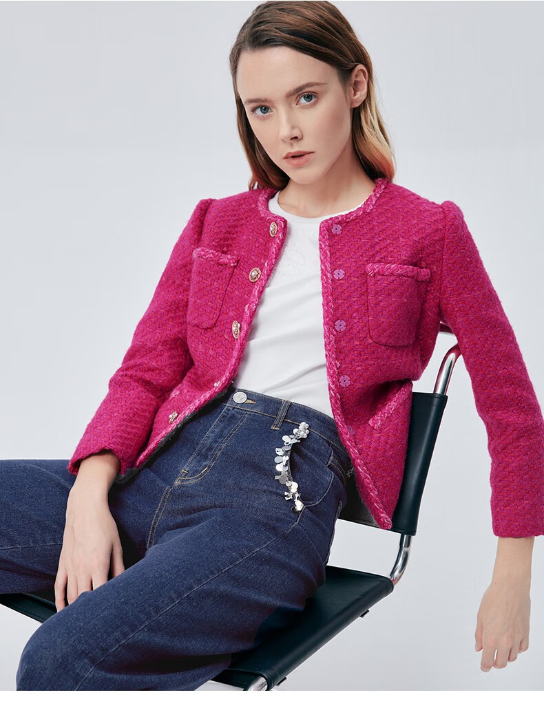 2022秋冬新款高级经典粗花呢编织边小香风夹克短外套5u362 桃红色 36