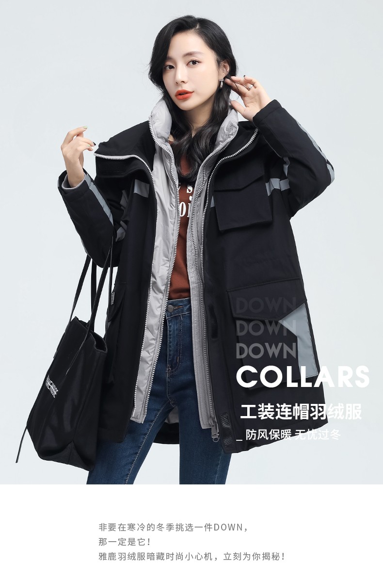雅鹿羽绒服女2021年新款潮中长款冬季加厚时尚工装品牌派克服外套黑色