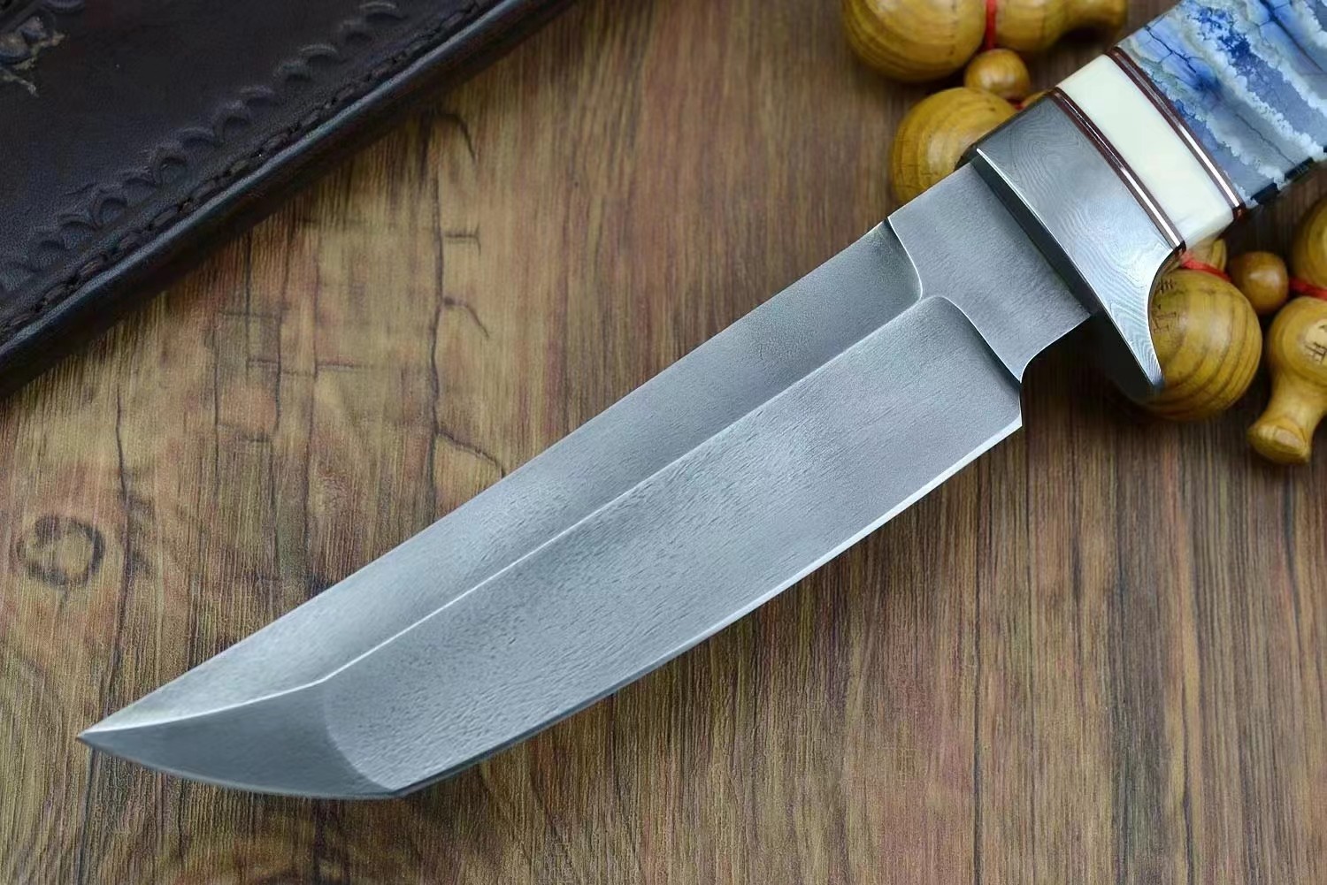 硕哥 古印度乌兹钢直刀大马士革直刀户外小刀野营用刀猛犸牙臼齿化石