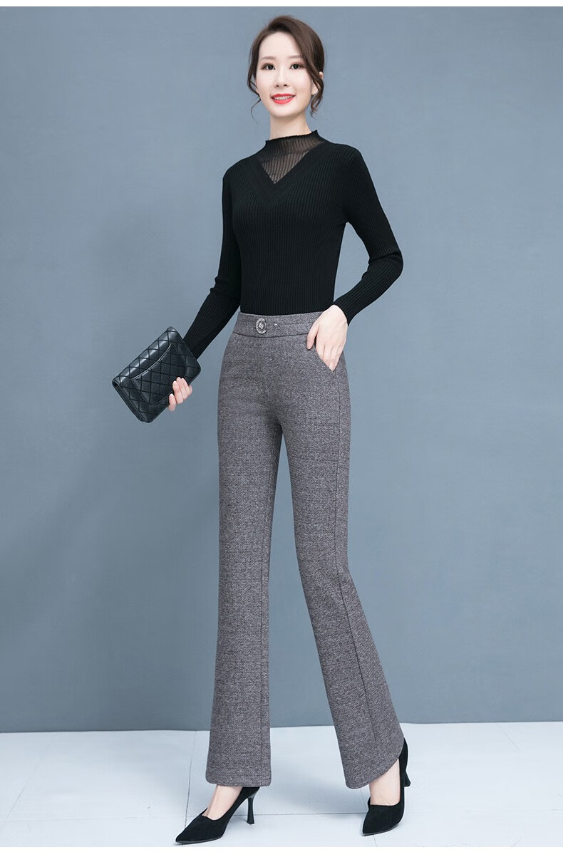 念贝妮羊毛呢裤女微喇裤中年女秋冬季宽松直筒加厚妈妈休闲女裤子咖色