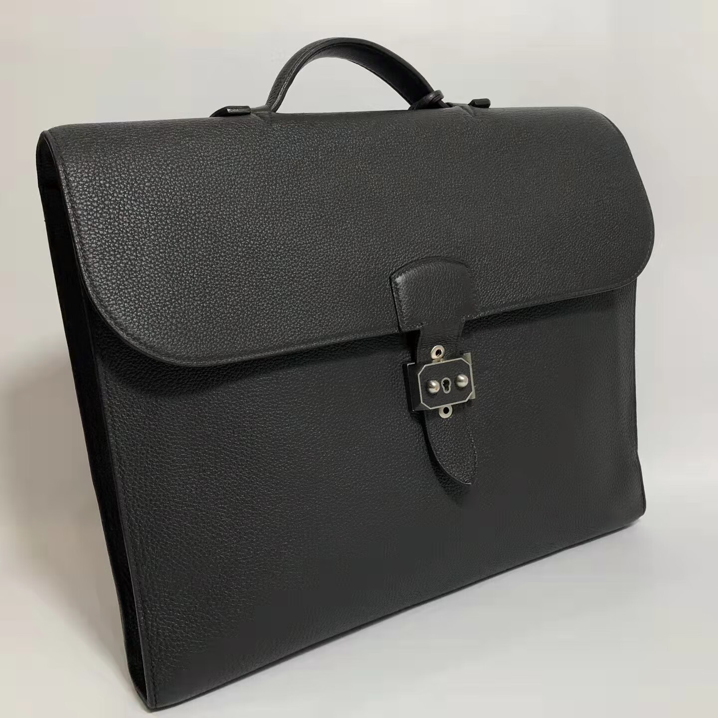 95新爱马仕hermes黑灰色牛皮商务手提公文包男包