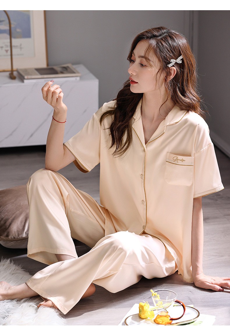 芬娅卡蕾品牌睡衣女士夏季冰丝短袖长裤开衫仿真丝绸夏天薄款高级感