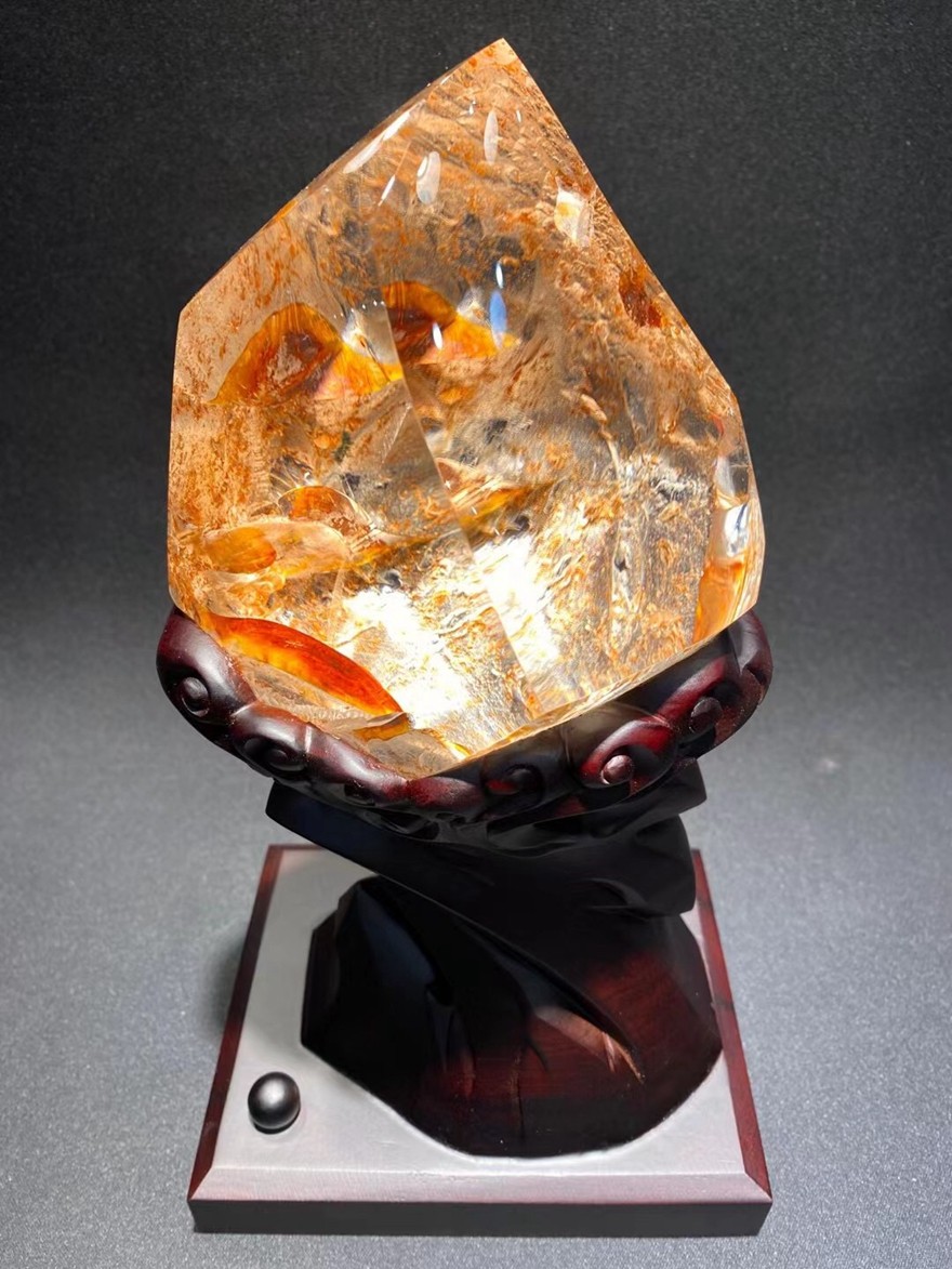 诺源珠宝天然红胶花原石水晶观赏石摆件晶莹剔透精致黑檀底座外形完整