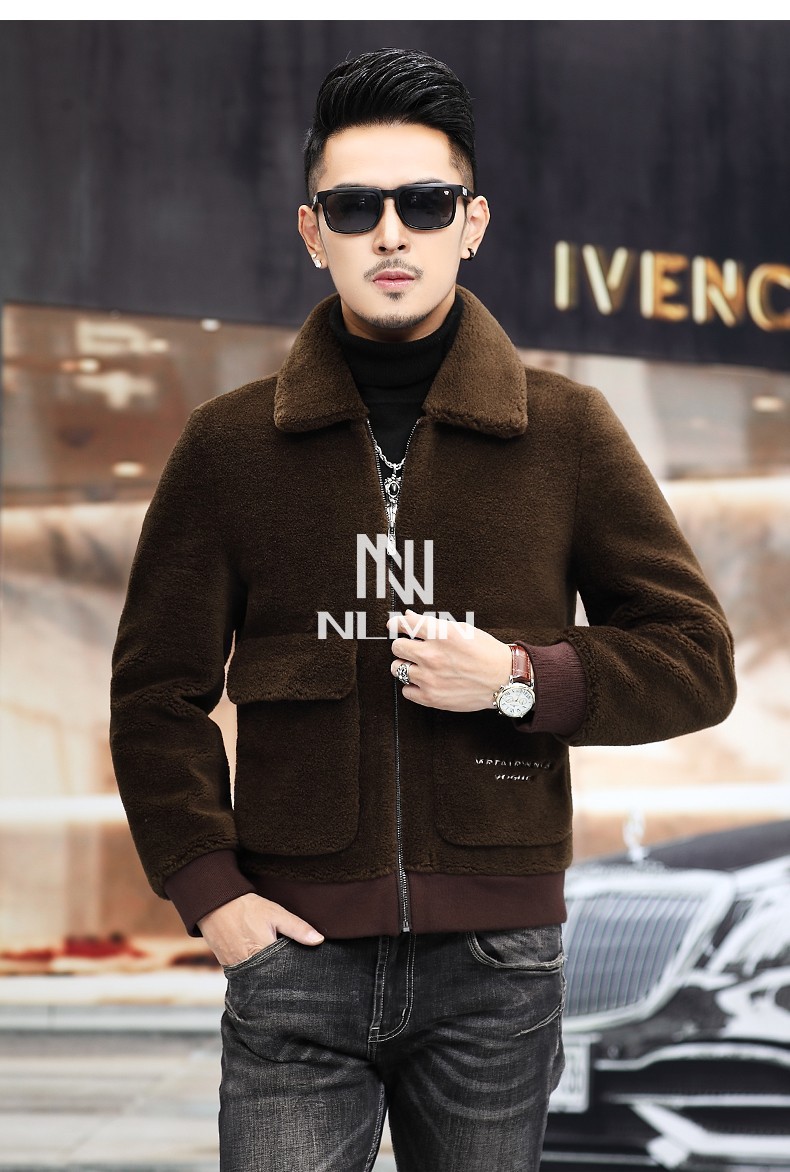 nlmn夹克男时尚羊剪绒短款皮草外套男秋冬翻领刺绣羊羔毛夹克休闲上衣