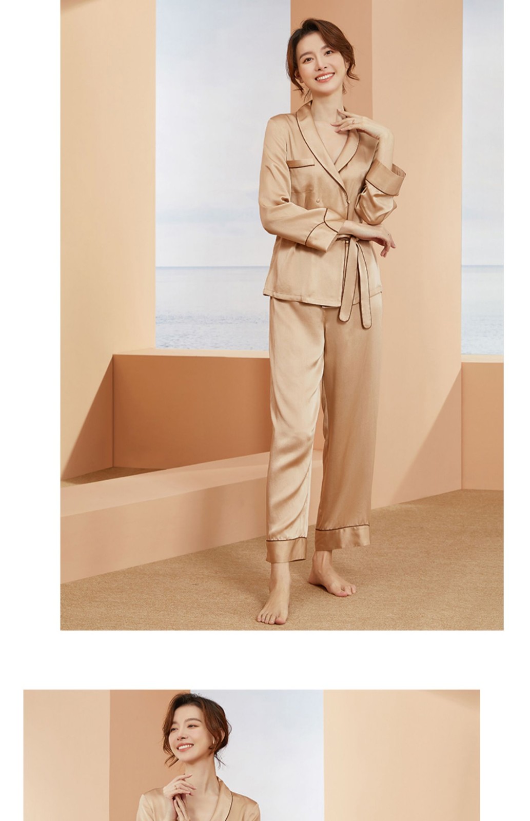 wensli万事利100%桑蚕丝睡衣重磅优雅真丝睡衣流金岁月睡衣套装女七夕