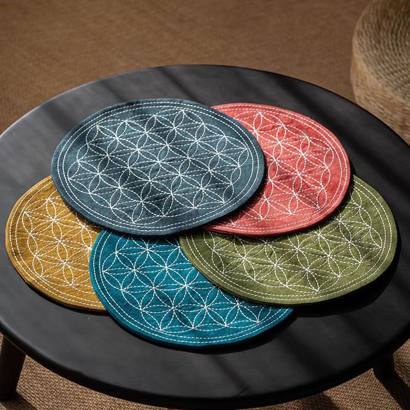 心茧日式手工刺绣茶席布圆形大号创意茶垫干泡盘家用茶壶垫子棉布玫