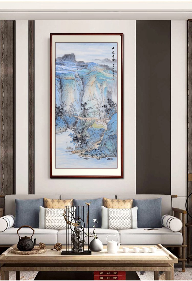 鸢苏玄关山水画手绘国画竖版新中式客厅过道走廊装饰画领导办公室风景