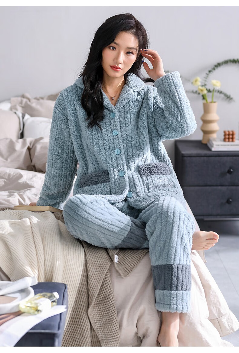 佑纪芙品牌睡衣女士冬季法兰绒加厚加绒珊瑚绒家居服秋冬款毛绒冬天大