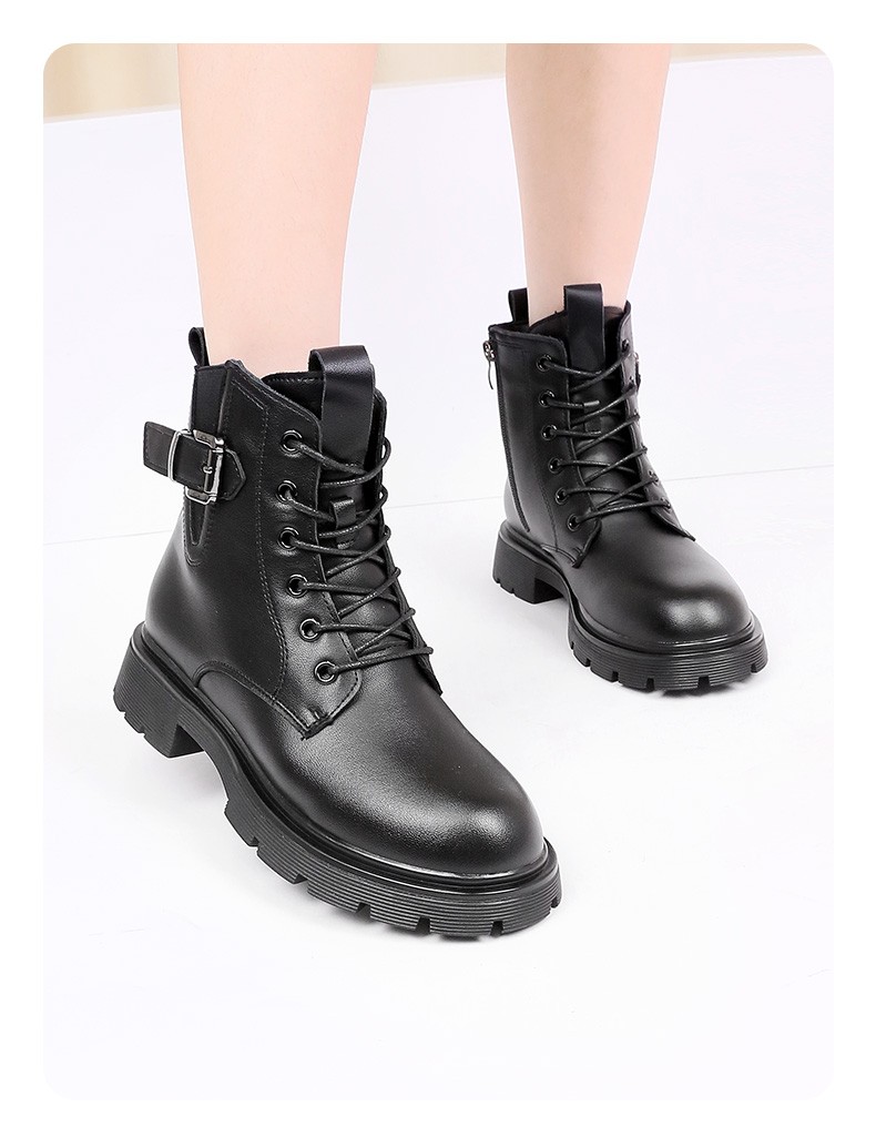 强人3515马丁靴女牛皮英伦风短靴冬新款女靴百搭厚底机车靴黑色38