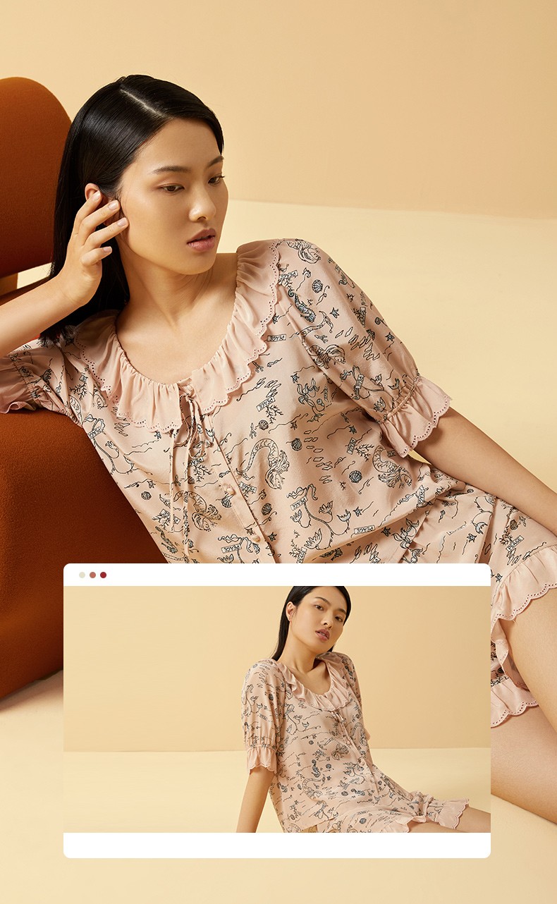 金三塔睡衣女真丝刺绣荷叶边印花休闲衣裤套家居服ysfcb406美丽人鱼