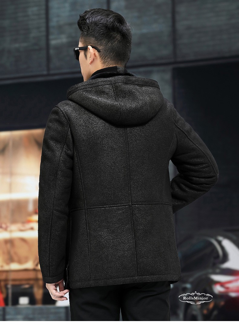 劳斯名爵品牌冬季新款原生态皮毛一体皮草大衣男连帽羊毛内胆真皮皮衣