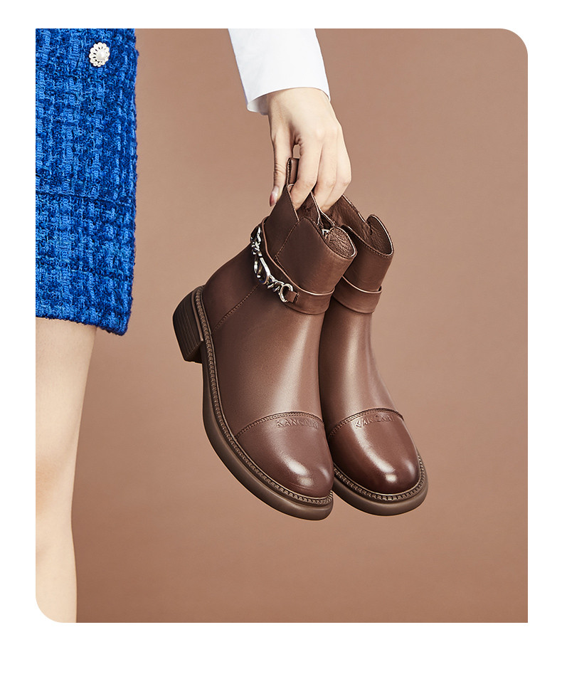 康奈女鞋2021冬季新款女靴低跟短靴女侧拉链马丁靴女英伦风靴子