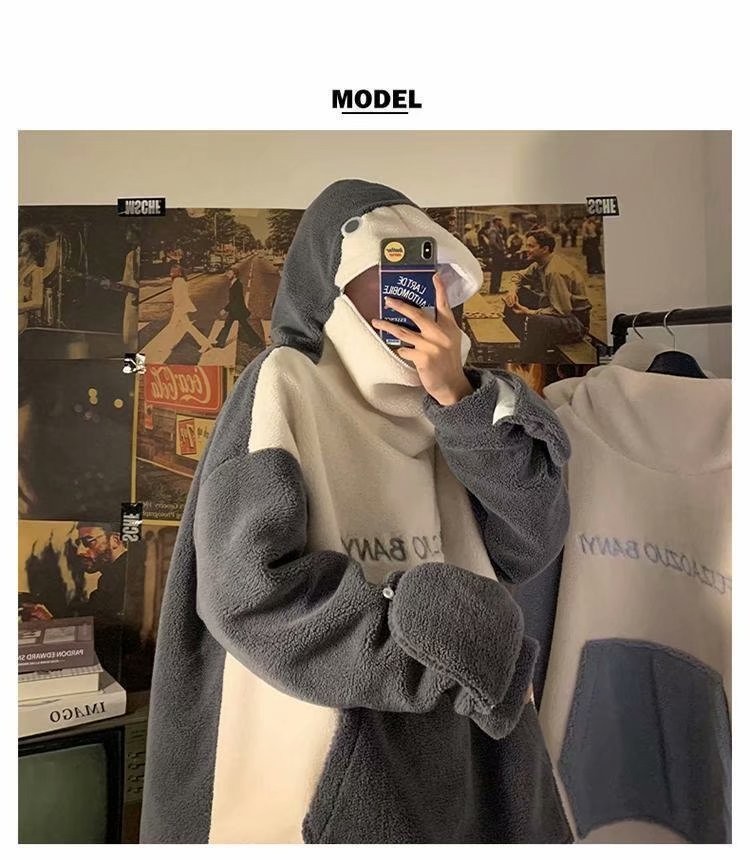 羢宇自闭鲨鱼羊羔绒卫衣男秋冬季原创软奶连帽情侣外套ins潮休闲外衣
