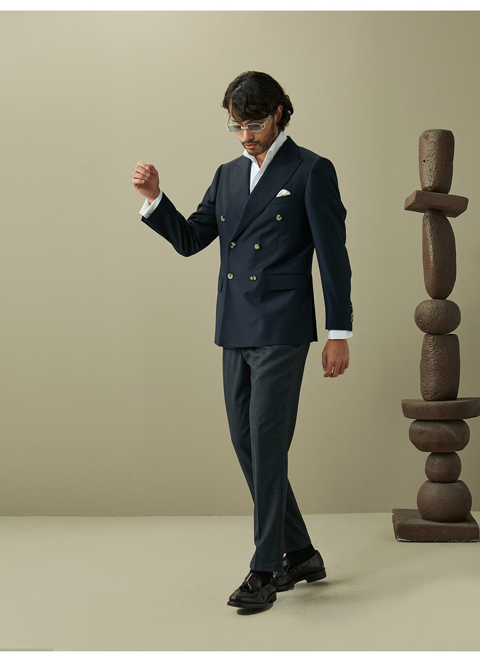 hany布雷泽高纱支羊毛西服男上衣双排扣商务休闲男士高端西装单西格莱