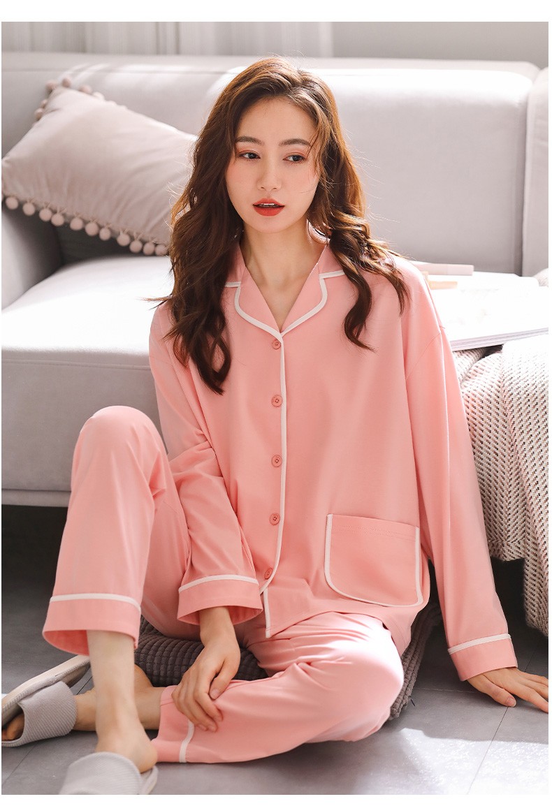 朗卡曼品牌睡衣女士春秋款棉长袖春季款女式简约休闲家居服加肥加大