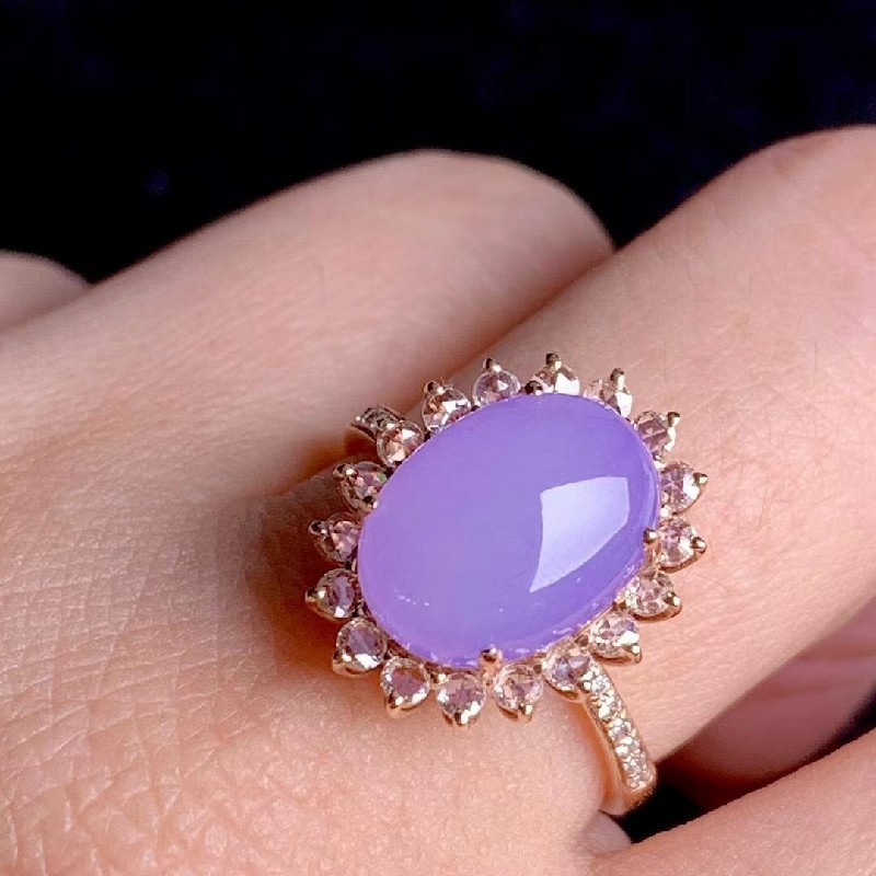 发源地 冰紫蛋面戒指 18k金镶钻缅甸a货翡翠玉石珠宝首饰送女友裸石