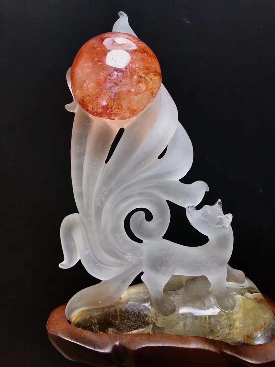 诺源珠宝天然原色白水晶精雕红胶花九尾狐摆件家居摆件办公摆放门店