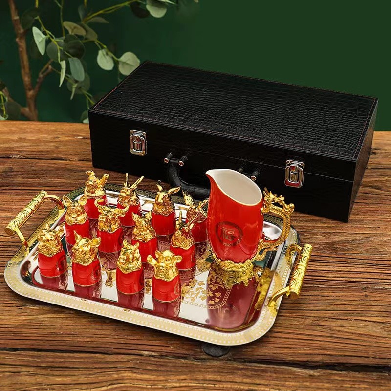 陶瓷茅台酒具十二生肖白酒杯套装家用烈酒杯酒壶小酒盅至尊黄十二生肖